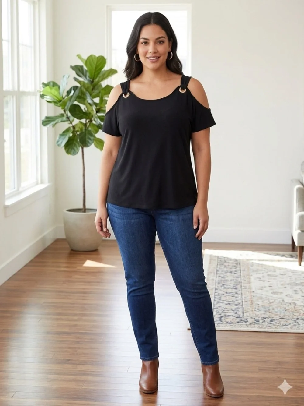 NINE WEST Black Cold-Shoulder Top with Gold Ring Accents. Size M - Picture 1 of 8